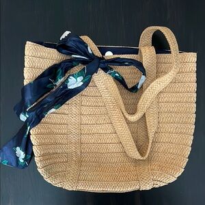 Draper James Tan Woven Tote with Navy Floral Scarf